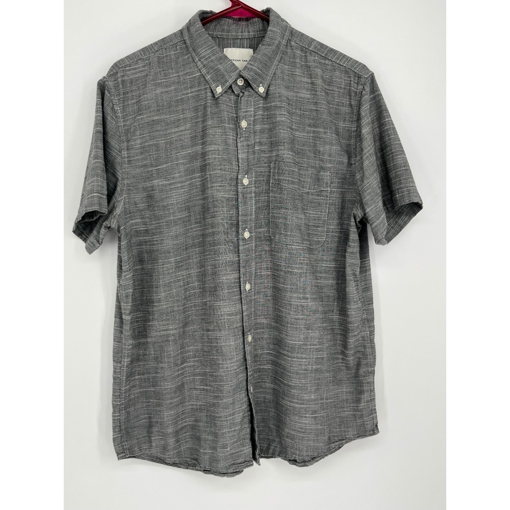 American Eagle Short Sleeve Button Up Shirt Men L Gray White Striped Minimalist